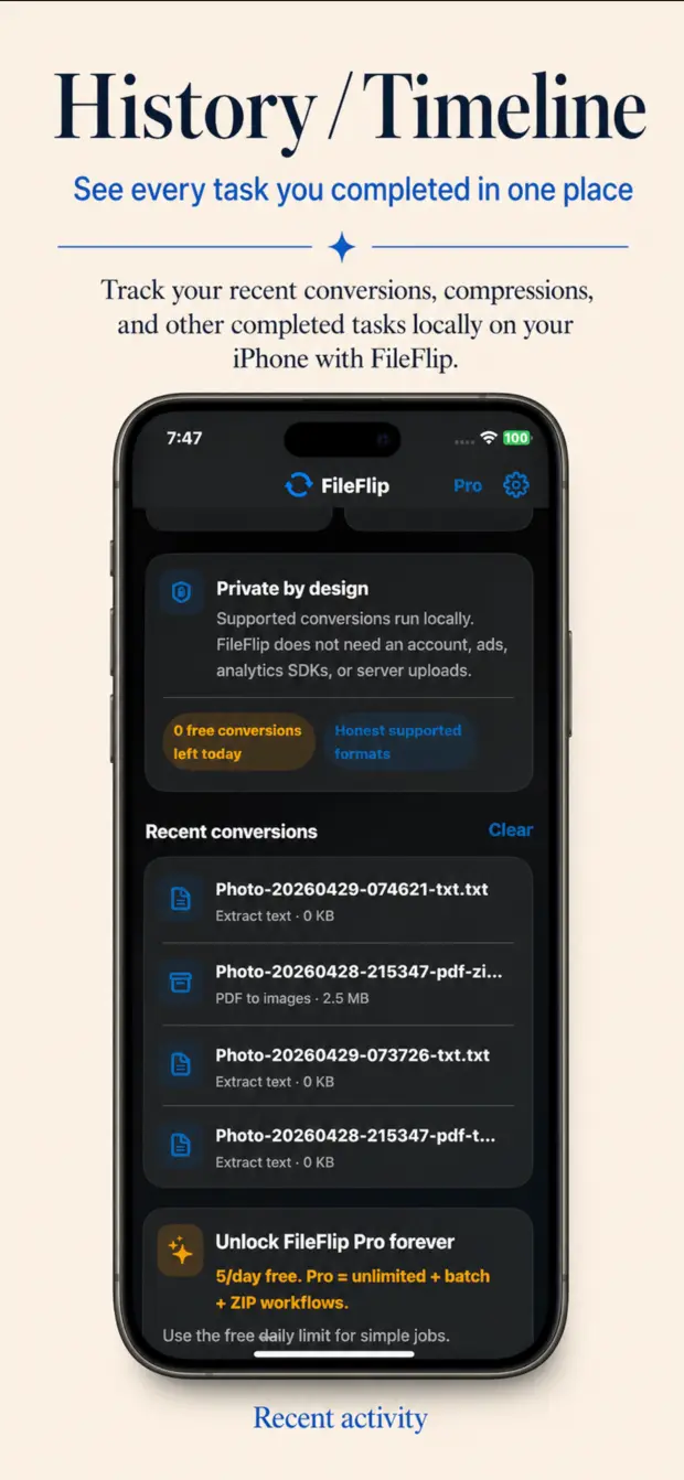 Recent activity timeline showing completed conversions and privacy messaging.