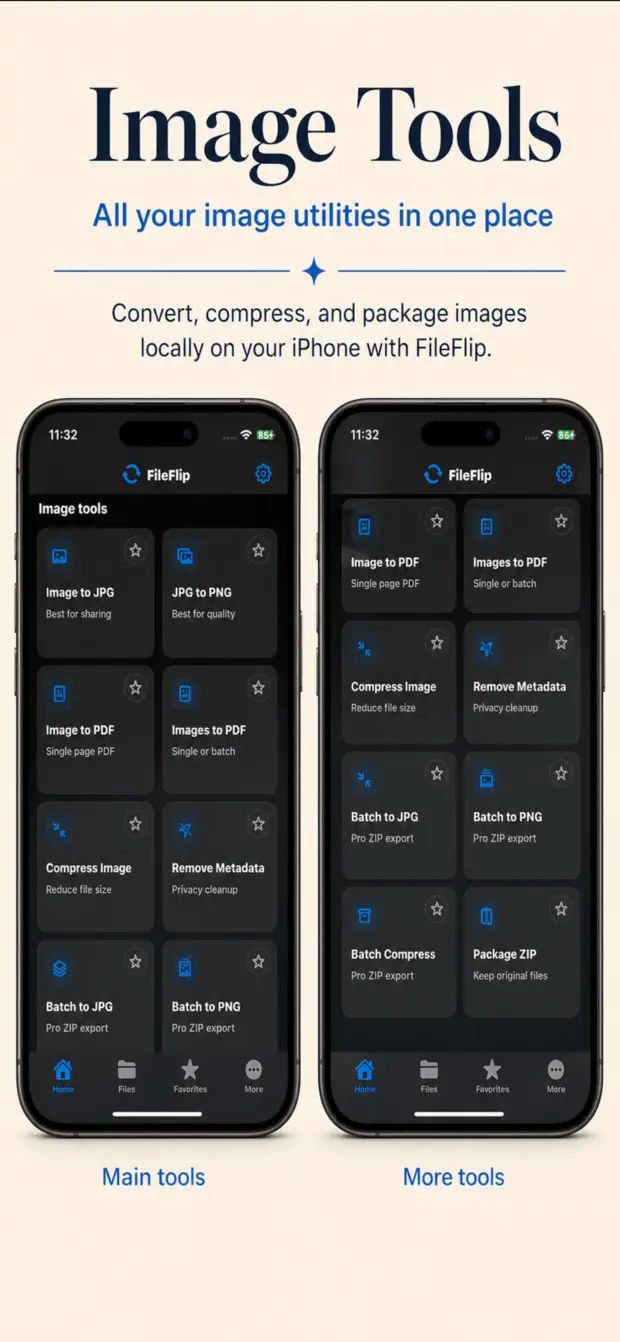 Image tools overview with format conversion, compression, metadata cleanup, and batch options.