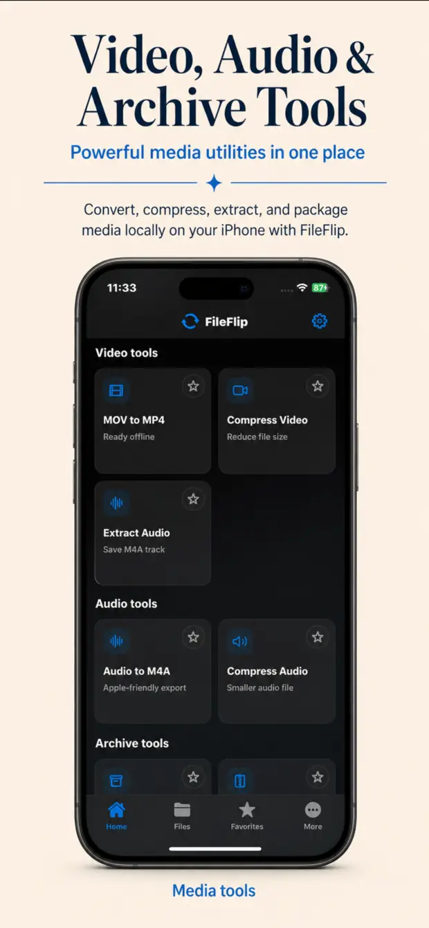 Video, audio, and archive tools with MOV to MP4, compression, audio extraction, and ZIP utilities.