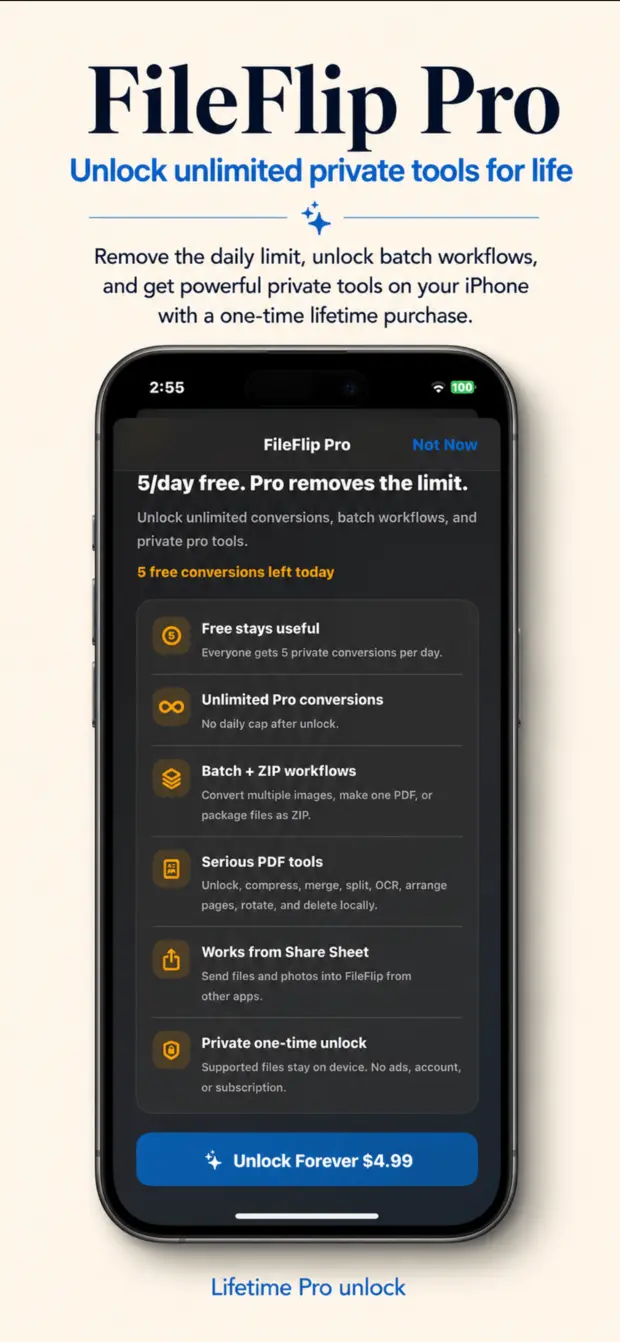 Pro upgrade screen describing unlimited conversions, batch tools, PDF utilities, and Share Sheet support.